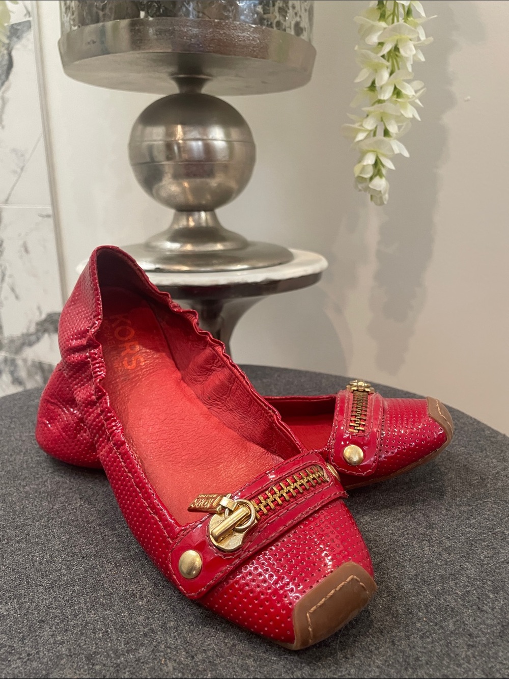 Michael Kors Red Quilted Zip-Accent Ballet Flats